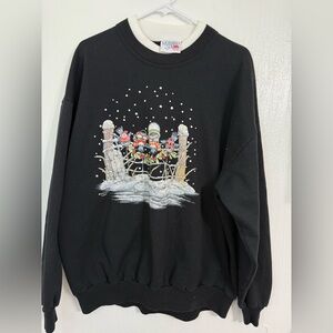 Vintage Morning Sun Sweater Birds Winter Season Graphic Print Size XL Black